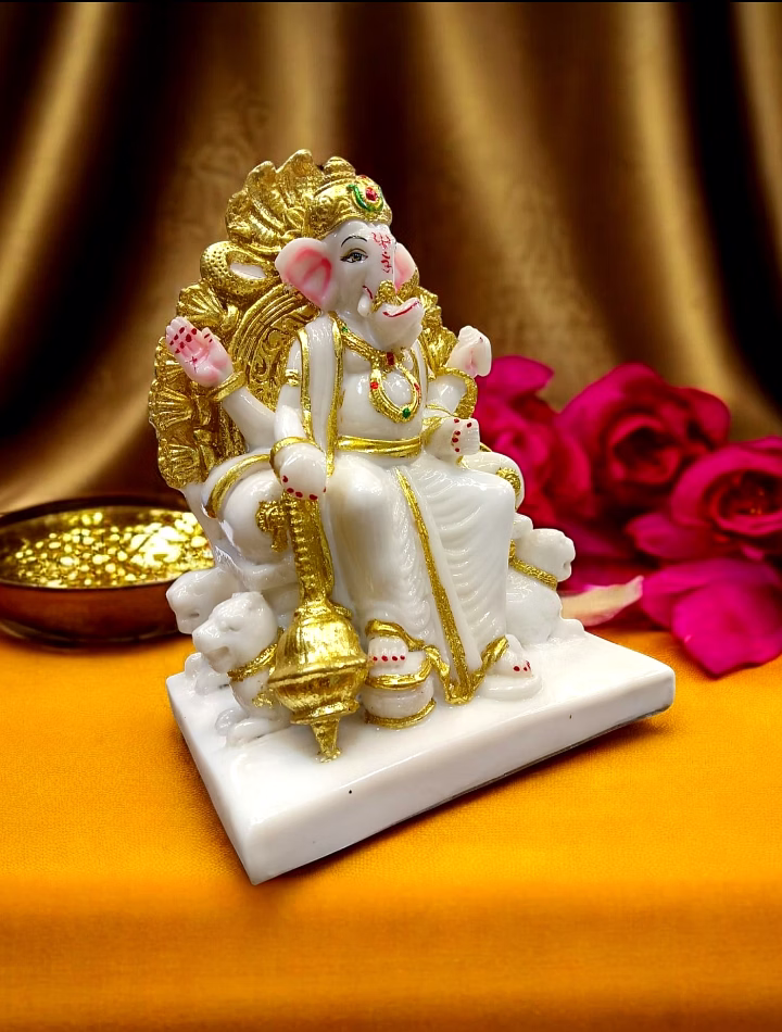 White & Gold Throne Ganesha Idol  MFN-171 image 2