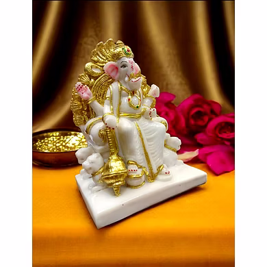 White &amp; Gold Throne Ganesha Idol  MFN-171-1