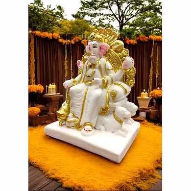 White &amp; Gold Throne Ganesha Idol  MFN-171-2