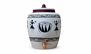Earthen White Clay Water Pot with Metal Tap Warli