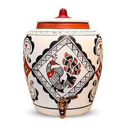 mittify earthenware white clay water pot with metal tap peacock