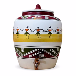 mittify earthen white clay water pot with metal tap dancing doll design
