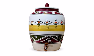 Earthen White Clay Water Pot with Metal Tap Dancing Doll Design