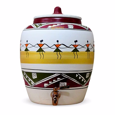 mittify earthen white clay water pot with metal tap dancing doll design