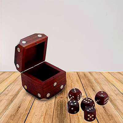 handcrafted wooden box and 5 dice set paperweight puzzles