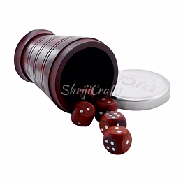 handcrafted set of 5 wooden gaming dice with storage cup and brass lid