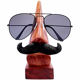 handmade wooden nose shaped eyewear holder with black mustache