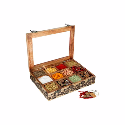 mango wood table top masala dabba containers jars (light black)