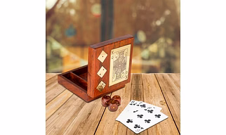Handmade Wooden Storage Box for Playing Cards and Set of Five Dices