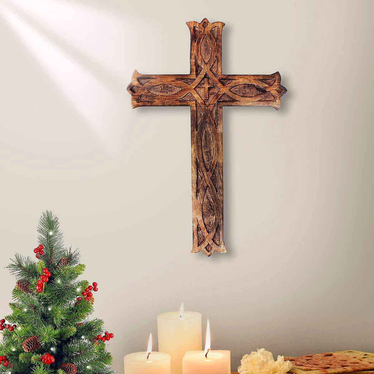 Antique Wooden Wall Hanging | French Cross Plaque - 18" x 12" image 1