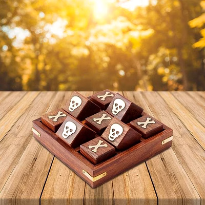 sheesham wood brass skull and crossbones board game- 5" square