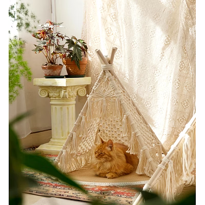 knottyartsisansco555 macrame pet teepee - boho cat bed | handmade cat tent