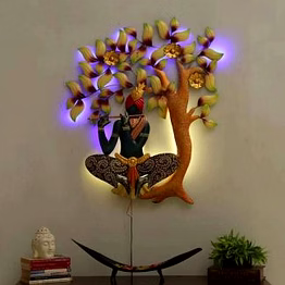 amrit kalash wrought iron krishna under the tree with led light (33 x 28 inch)