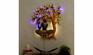 Wrought Iron Krishna Under The Tree With LED Light (33 x 28 Inch)