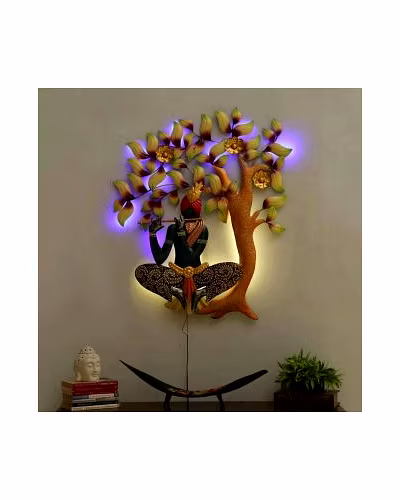 Wrought Iron Krishna Under The Tree With LED Light (33 x 28 Inch)-Amr1020
