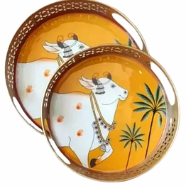 amrit kalash cow printed gift hamper iron basket yellow tray