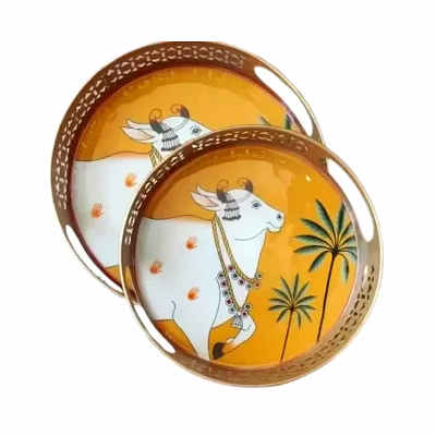 amrit kalash cow printed gift hamper iron basket yellow tray