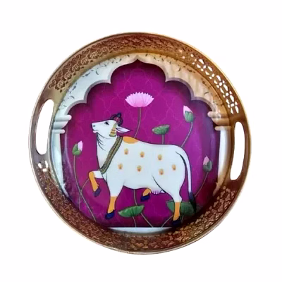 amrit kalash cow printed gift hamper iron basket tray