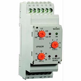 selec vpra2m-ce protection relay, three-phase, analog, over/under voltage / asymmetry / phase sequence / phase failure / neutral loss, 230vac, 1dpdt, 35mm din rail