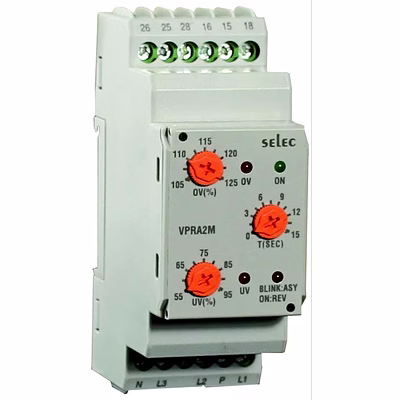 selec vpra2m-ce protection relay, three-phase, analog, over/under voltage / asymmetry / phase sequence / phase failure / neutral loss, 230vac, 1dpdt, 35mm din rail