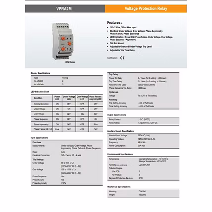 SELEC VPRA2M-CE Protection Relay, Three-Phase, analog, Over/Under Voltage / Asymmetry / Phase Sequence / Phase Failure / Neutral Loss, 230VAC, 1DPDT, 35mm DIN Rail-3