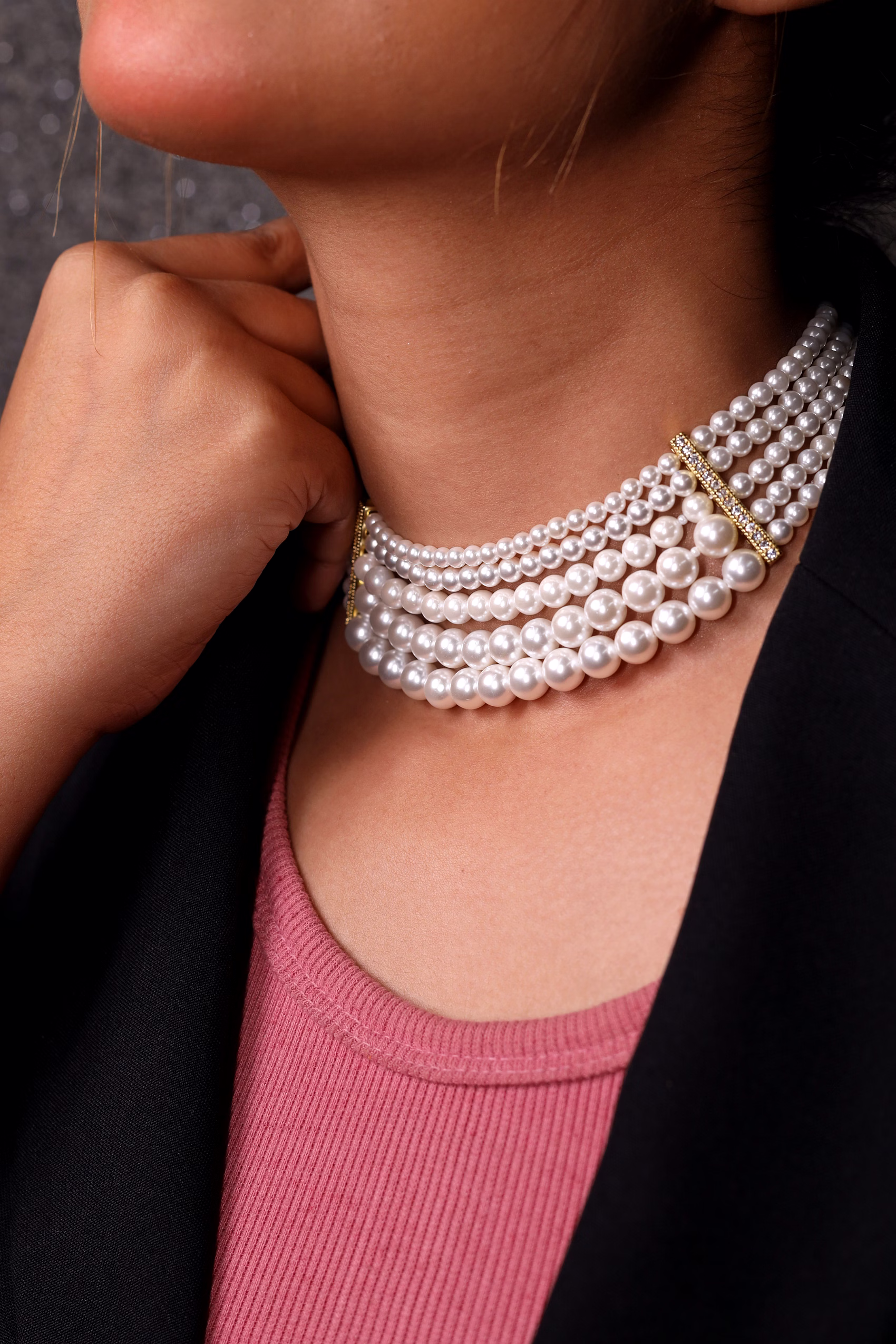 Layered Pearl Choker - Gemstones Necklace image 2