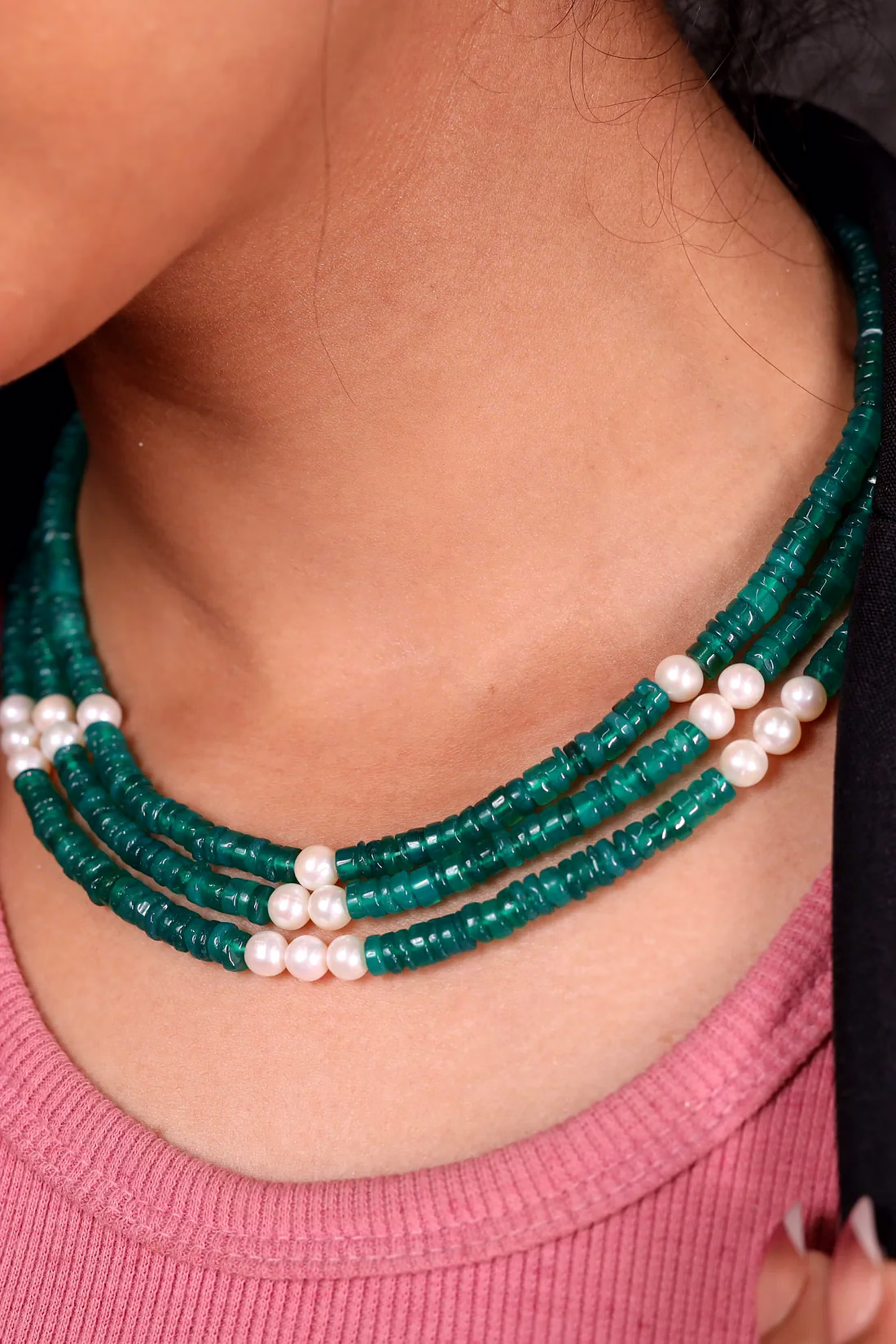 Adorable Green Onyx & Pearl Necklace - Gemstones Necklace image 2