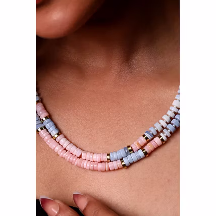 Amazonite &amp; Pink Opal Heishi Beads Necklace - Gemstones Necklace-2