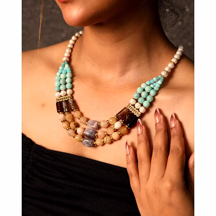 Amazonite with Pearl &amp; shaded tumbles Necklace  - Gemstones Necklace-1