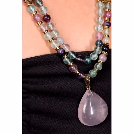 Amethyst &amp; Fluorite with Rose Quartz Pendant Necklace -Gemstones Necklace-2