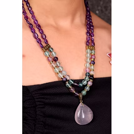 Amethyst &amp; Fluorite with Rose Quartz Pendant Necklace -Gemstones Necklace-1