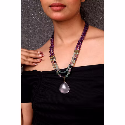 Amethyst &amp; Fluorite with Rose Quartz Pendant Necklace -Gemstones Necklace-12733955