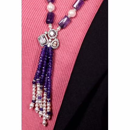 Amethyst &amp; Pearl Contemporary with Locket Necklace - Gemstones Necklace-2