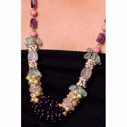 Amethyst &amp; Rose Quartz Bunch Necklace -Gemstones Necklace-2