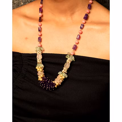 Amethyst &amp; Rose Quartz Bunch Necklace -Gemstones Necklace-1