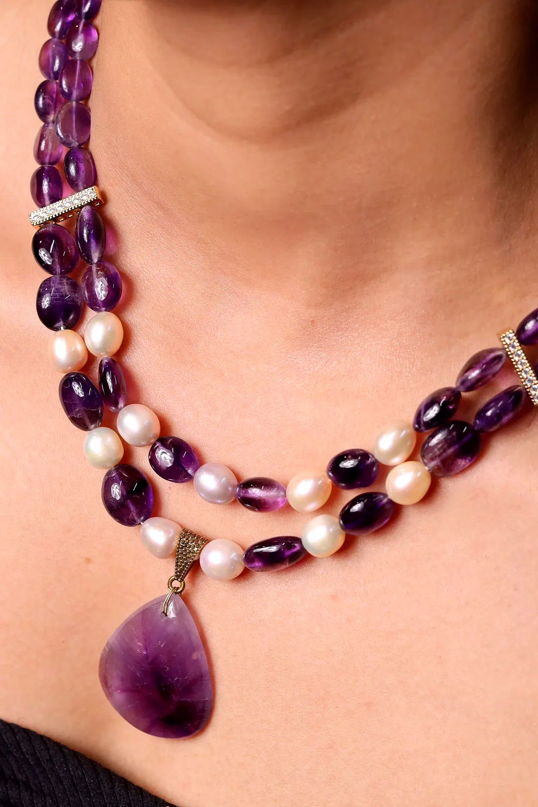 Amethyst with Freshwater Pearl & Locket Necklace  - Gemstones Necklace image 3