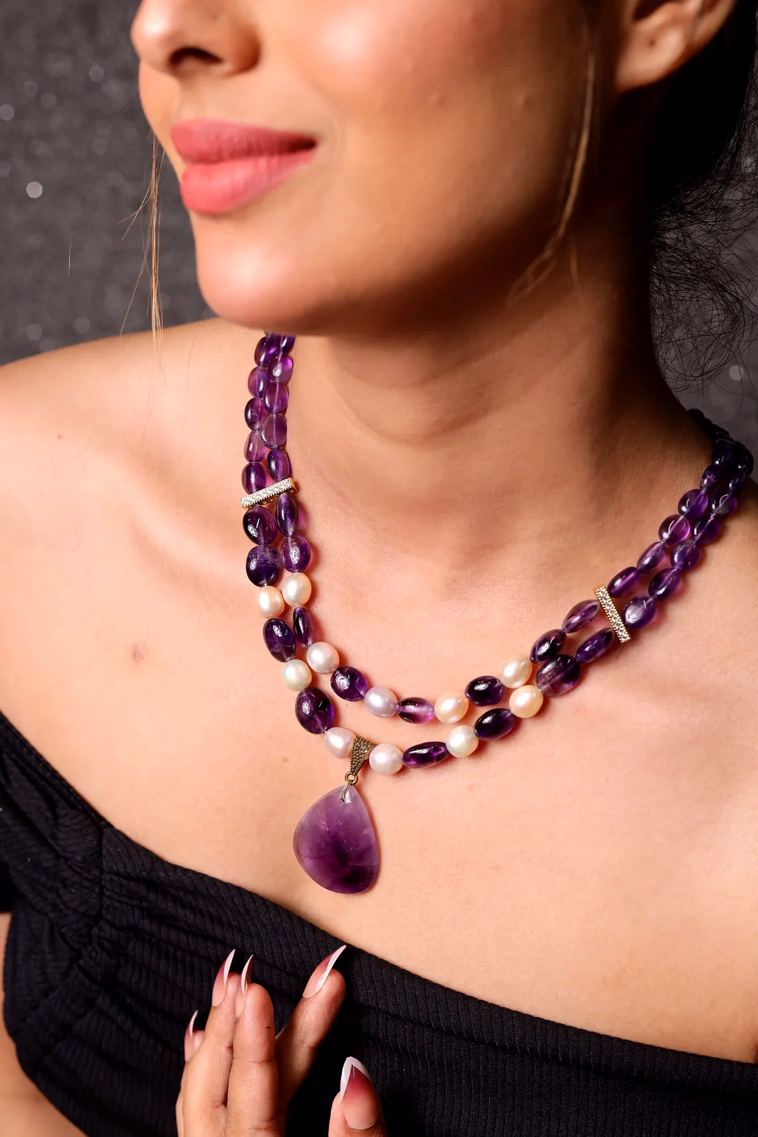 Amethyst with Freshwater Pearl & Locket Necklace  - Gemstones Necklace image 2