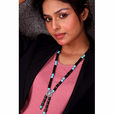 emryn black & turquoise contemporary string necklace - gemstones necklace