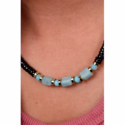 Black Heishi cut &amp; Turquoise Beads Necklace - Gemstones Necklace-2