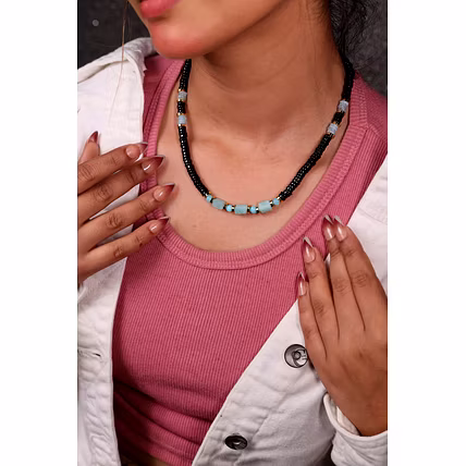 Black Heishi cut &amp; Turquoise Beads Necklace - Gemstones Necklace-12734303