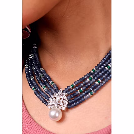 Blue onyx Beads with Pearl DC Pendant Necklace -Gemstones Necklace-2