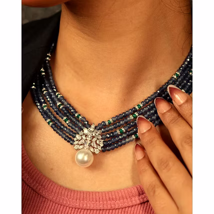 Blue onyx Beads with Pearl DC Pendant Necklace -Gemstones Necklace-1
