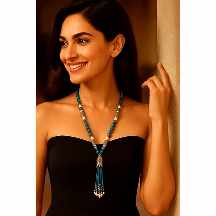 Blue Apatite Gemstone Necklace with Pearls – Elegant Gold-Finish Beaded Jewelry - Gemstones Necklace-12740107
