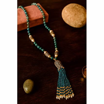 Blue Apatite Gemstone Necklace with Pearls – Elegant Gold-Finish Beaded Jewelry - Gemstones Necklace-1