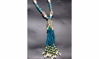 Blue Apatite Gemstone Necklace with Pearls – Elegant Gold-Finish Beaded Jewelry - Gemstones Necklace