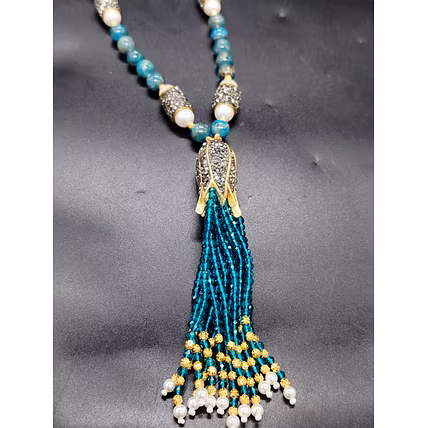 Blue Apatite Gemstone Necklace with Pearls – Elegant Gold-Finish Beaded Jewelry - Gemstones Necklace-2