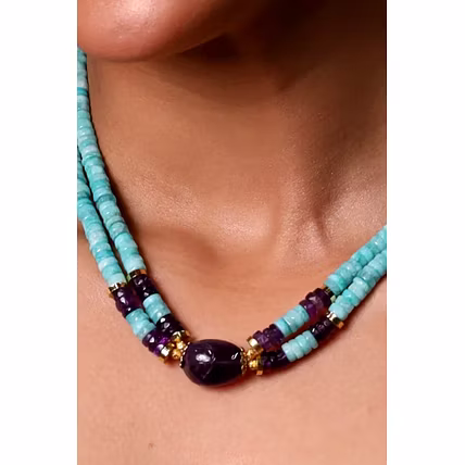 Elegant Amazonite and Amethyst Heishi cut Beads Necklace - Gemstones Necklace-2