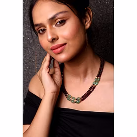 Garnet with Green Strawberry 2-Layer Heishi Beads Necklace - Gemstones Necklace