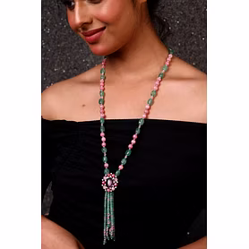 Green & Pink Onyx with Diamond-Cut Pendant String Necklace -	Gemstones Necklace