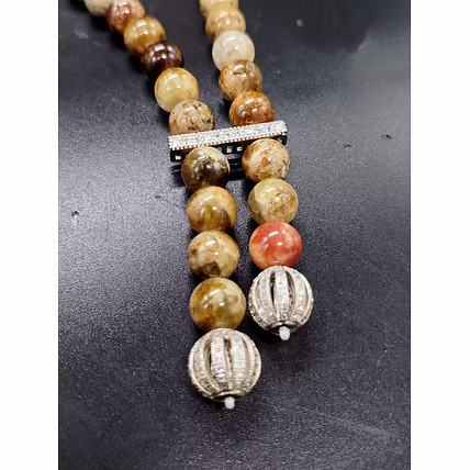 Green Garnet Gemstone Beaded Necklace with Antique Silver Accents -	Gemstones Necklace-2
